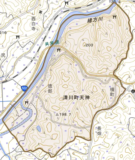 清川町天神とその周辺の地図。町の範囲を重ねている