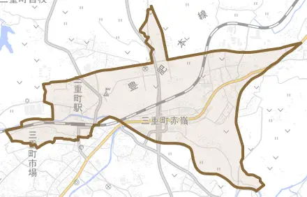 三重町赤嶺とその周辺の地図。町の範囲を重ねている