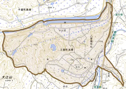 三重町浅瀬とその周辺の地図。町の範囲を重ねている
