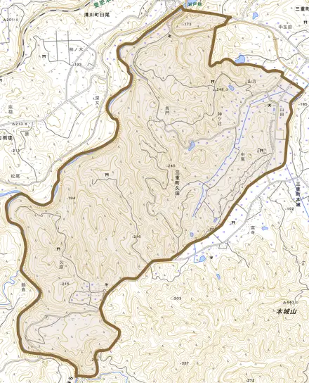 三重町久田とその周辺の地図。町の範囲を重ねている