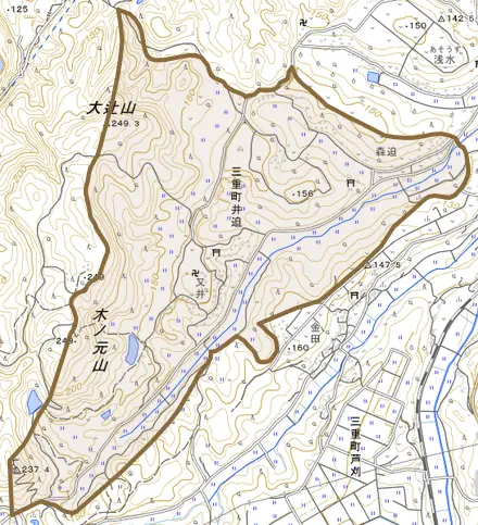 三重町井迫とその周辺の地図。町の範囲を重ねている