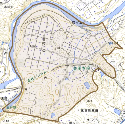 三重町川辺とその周辺の地図。町の範囲を重ねている