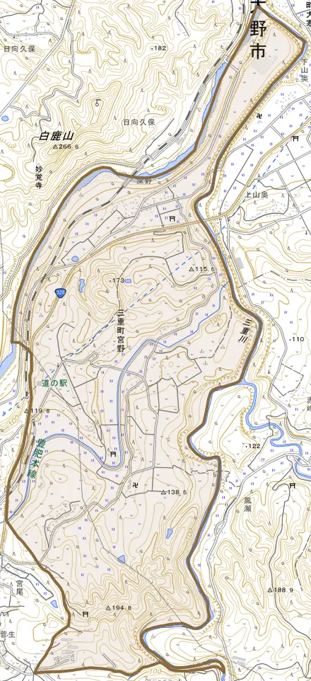 三重町宮野とその周辺の地図。町の範囲を重ねている