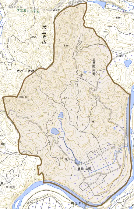 三重町向野とその周辺の地図。町の範囲を重ねている