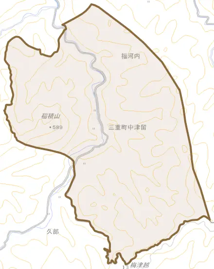 三重町中津留とその周辺の地図。町の範囲を重ねている