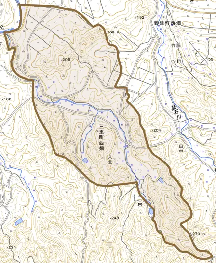 三重町西畑とその周辺の地図。町の範囲を重ねている