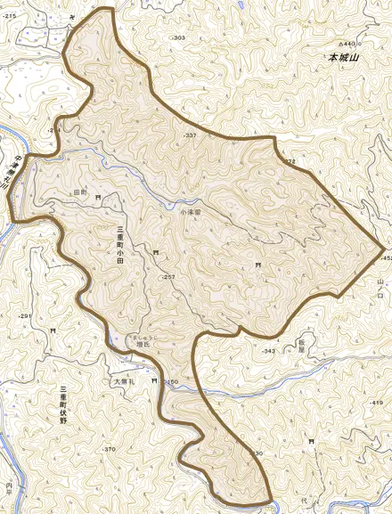 三重町小田とその周辺の地図。町の範囲を重ねている