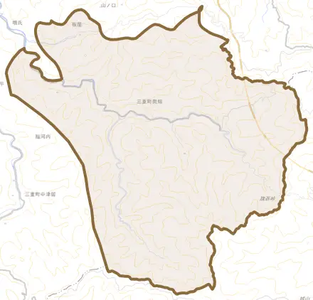 三重町奥畑とその周辺の地図。町の範囲を重ねている