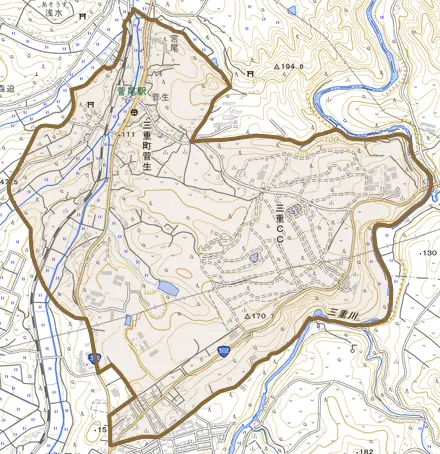 三重町菅生とその周辺の地図。町の範囲を重ねている