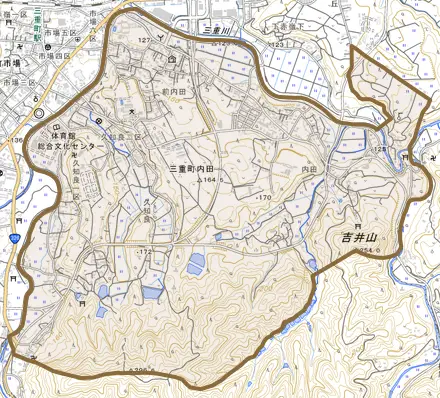 三重町内田とその周辺の地図。町の範囲を重ねている
