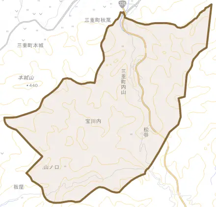 三重町内山とその周辺の地図。町の範囲を重ねている