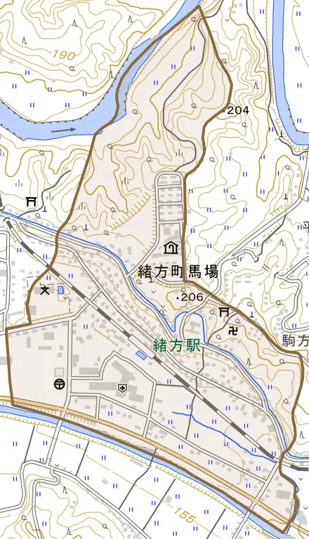 緒方町馬場とその周辺の地図。町の範囲を重ねている