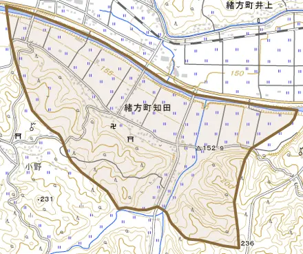 緒方町知田とその周辺の地図。町の範囲を重ねている
