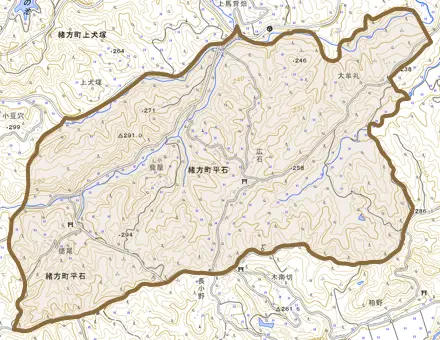 緒方町平石とその周辺の地図。町の範囲を重ねている