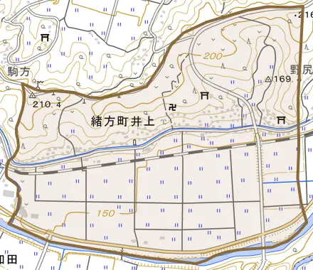 緒方町井上とその周辺の地図。町の範囲を重ねている
