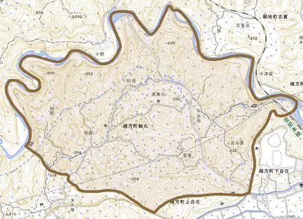 緒方町軸丸とその周辺の地図。町の範囲を重ねている