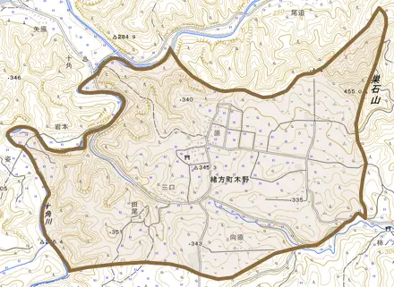 緒方町木野とその周辺の地図。町の範囲を重ねている
