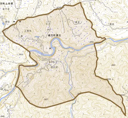 緒方町栗生とその周辺の地図。町の範囲を重ねている