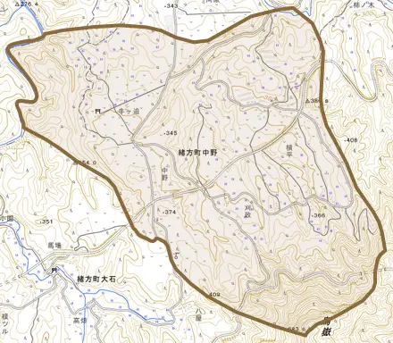 緒方町中野とその周辺の地図。町の範囲を重ねている