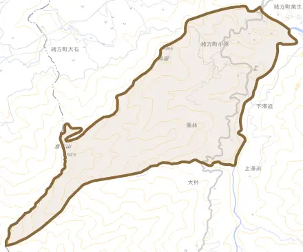 緒方町小原とその周辺の地図。町の範囲を重ねている