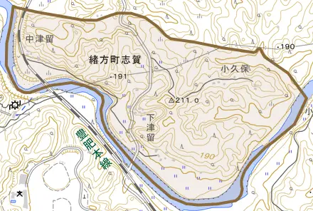 緒方町志賀とその周辺の地図。町の範囲を重ねている