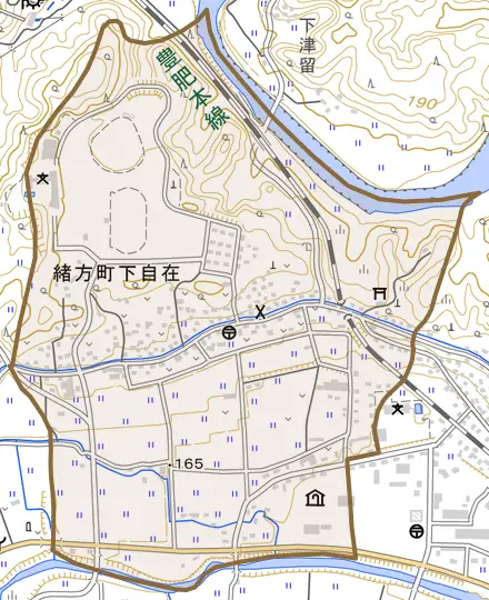 緒方町下自在とその周辺の地図。町の範囲を重ねている