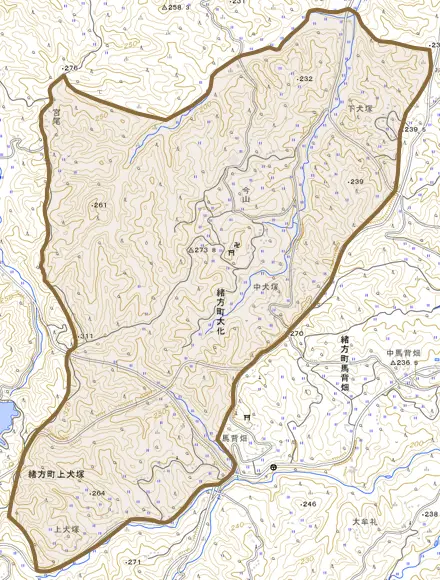 緒方町大化とその周辺の地図。町の範囲を重ねている