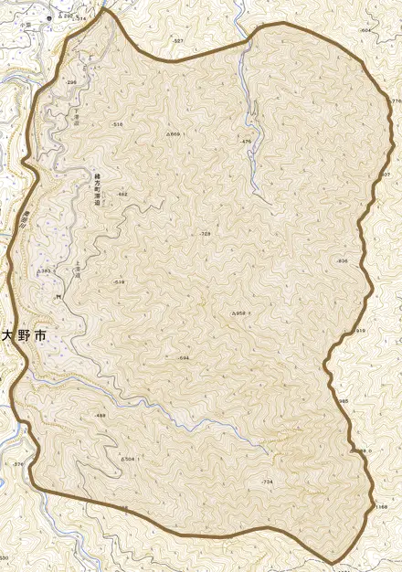 緒方町滞迫とその周辺の地図。町の範囲を重ねている