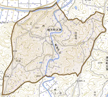緒方町天神とその周辺の地図。町の範囲を重ねている