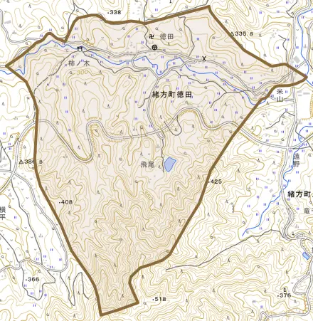 緒方町徳田とその周辺の地図。町の範囲を重ねている
