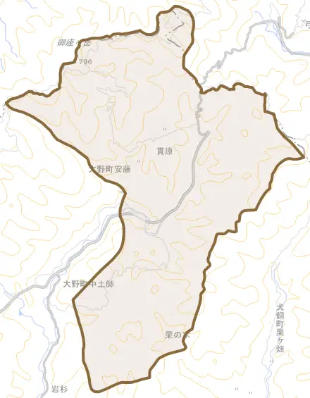 大野町安藤とその周辺の地図。町の範囲を重ねている