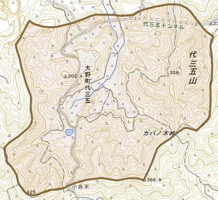 大野町代三五とその周辺の地図。町の範囲を重ねている