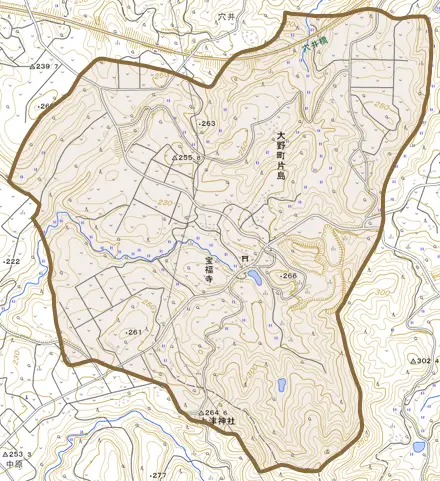 大野町片島とその周辺の地図。町の範囲を重ねている