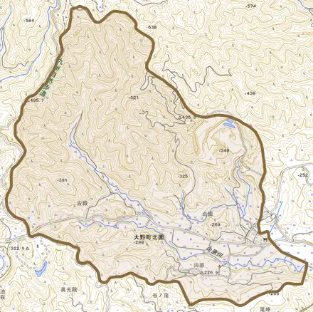 大野町北園とその周辺の地図。町の範囲を重ねている