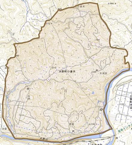大野町小倉木とその周辺の地図。町の範囲を重ねている