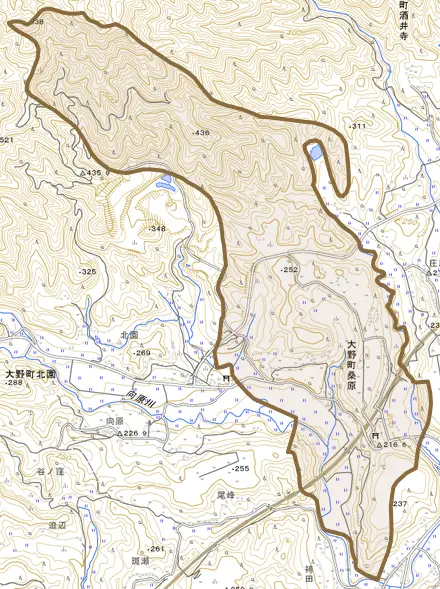 大野町桑原とその周辺の地図。町の範囲を重ねている