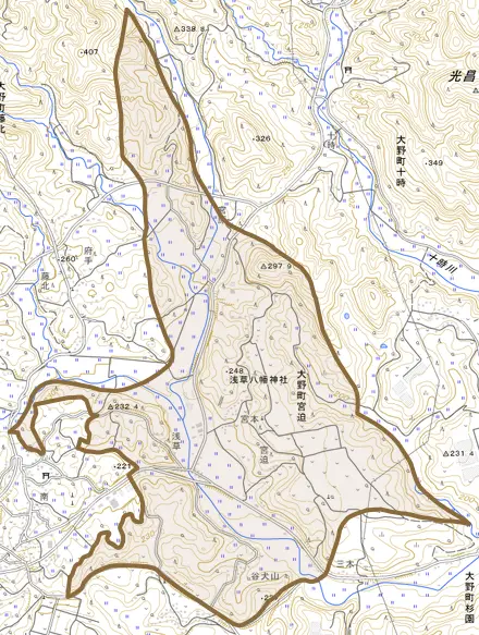 大野町宮迫とその周辺の地図。町の範囲を重ねている