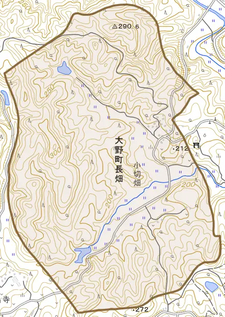 大野町長畑とその周辺の地図。町の範囲を重ねている