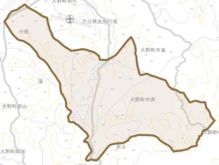 大野町中原とその周辺の地図。町の範囲を重ねている