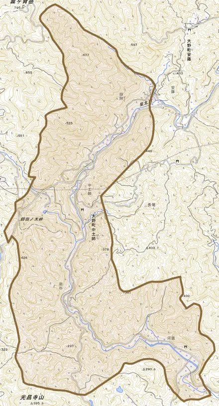 大野町中土師とその周辺の地図。町の範囲を重ねている