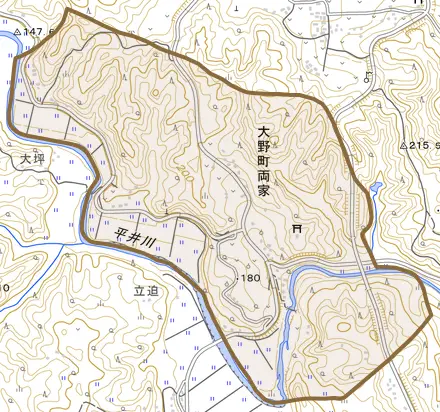 大野町両家とその周辺の地図。町の範囲を重ねている