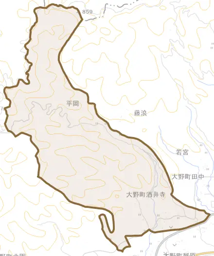 大野町酒井寺とその周辺の地図。町の範囲を重ねている