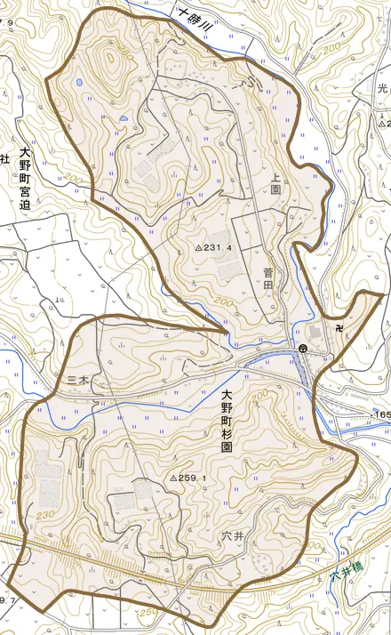 大野町杉園とその周辺の地図。町の範囲を重ねている