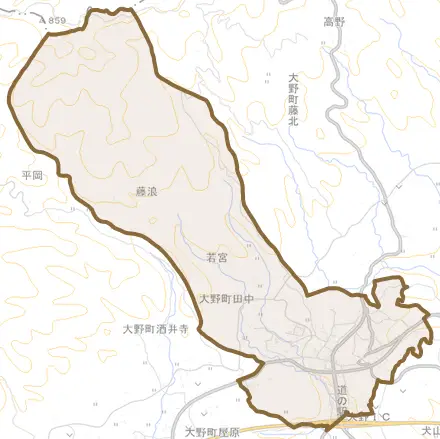 大野町田中とその周辺の地図。町の範囲を重ねている