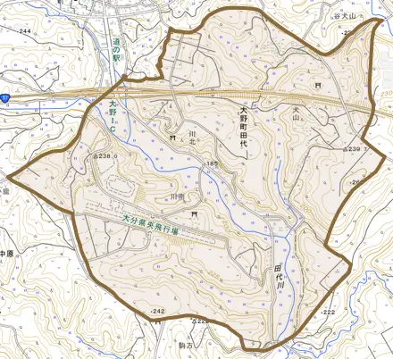 大野町田代とその周辺の地図。町の範囲を重ねている