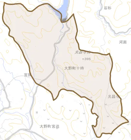 大野町十時とその周辺の地図。町の範囲を重ねている