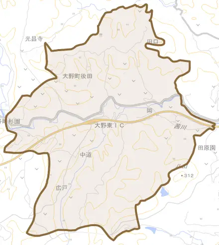 大野町後田とその周辺の地図。町の範囲を重ねている
