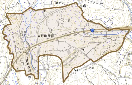 大野町屋原とその周辺の地図。町の範囲を重ねている