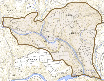 大野町矢田とその周辺の地図。町の範囲を重ねている