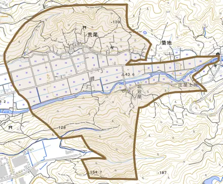 荒尾とその周辺の地図。町の範囲を重ねている